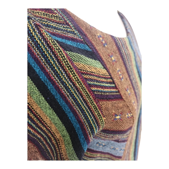 BoHo Hippie Drug Rug Carpet Striped Multicolor Short Sleeve Dress with Pockets L - Picture 10 of 11